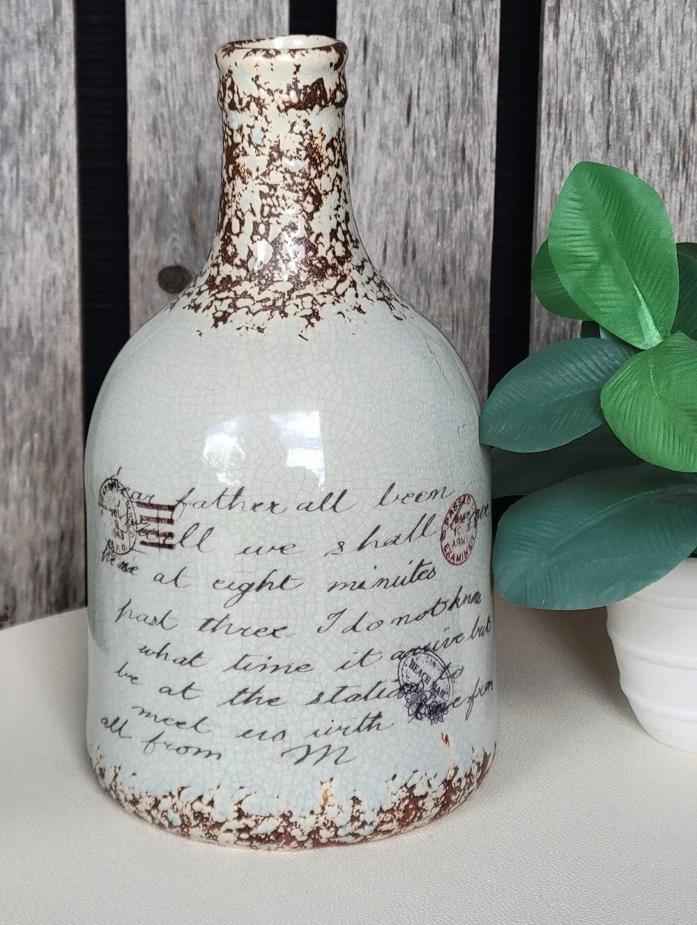 Deco 79 Vintage Script Ceramic Bottle Vase in Cream and Brown